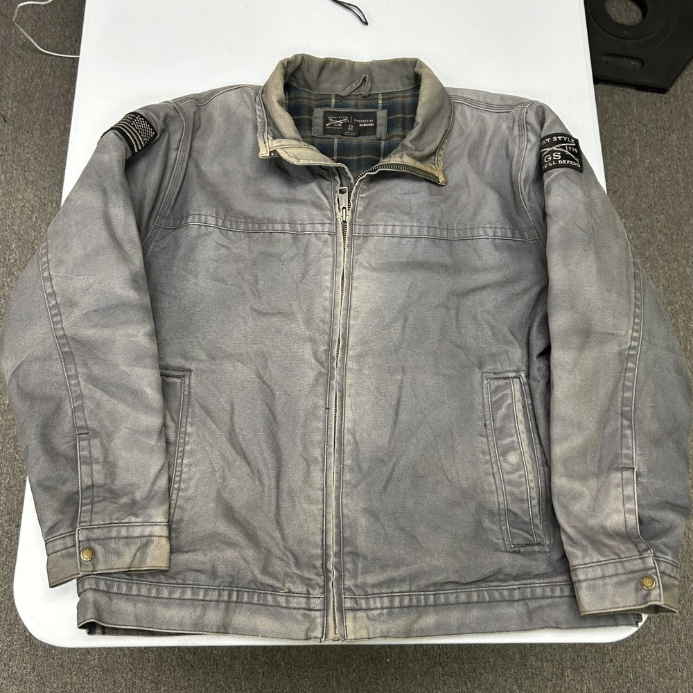 Dri Duck Canvas Work Jacket Mens XL Grey Distressed Flannel Lined Patches